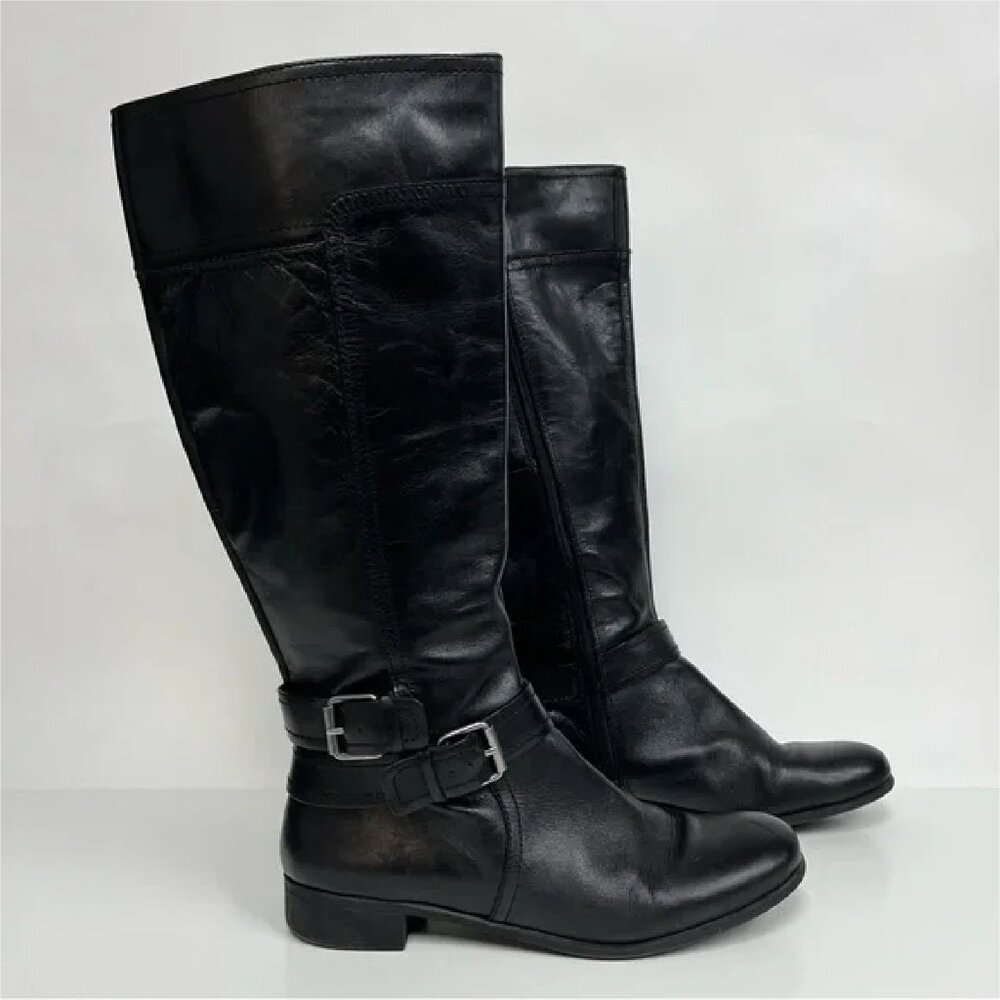 Nine West Black Genuine Leather Riding Boots Knee High Tall Shaft Buckles